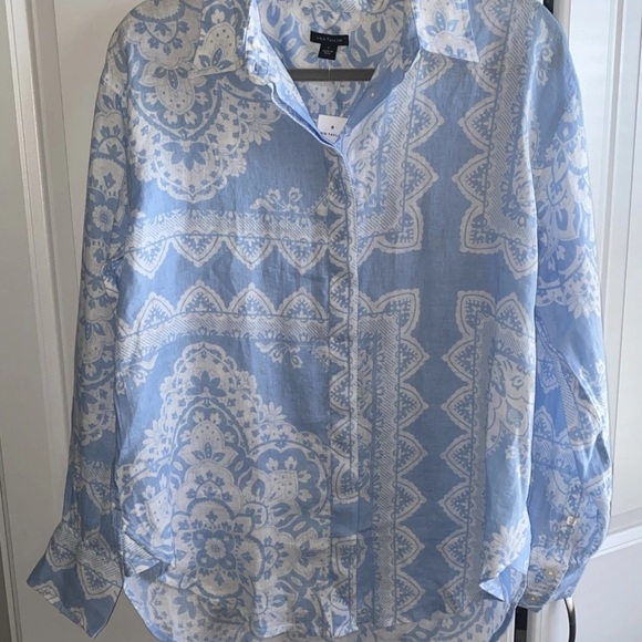 Ann Taylor Linen Blouse Button Up Shirt Small Blue White Print NWT - Picture 5 of 14